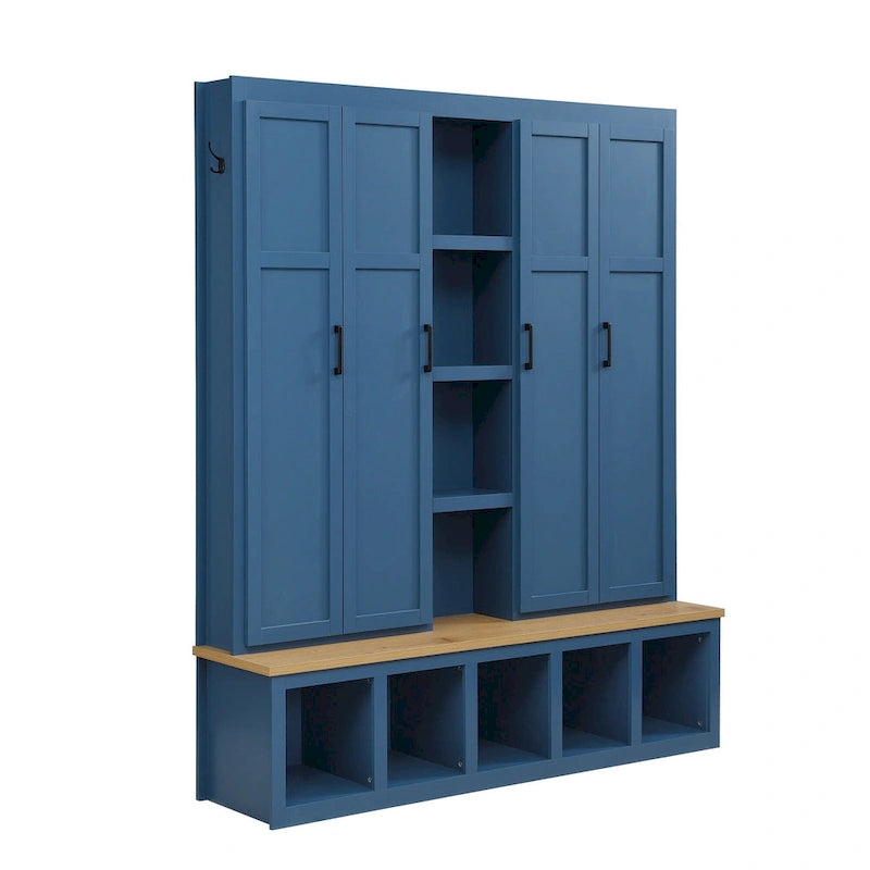 Porte-manteau 4-en-1 avec 4 placards, 6 patères et banc de rangement, blanc / bleu / noir, style rustique