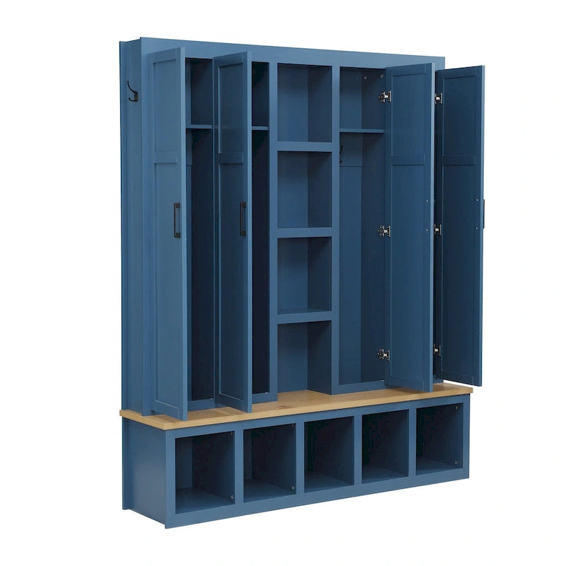 Porte-manteau 4-en-1 avec 4 placards, 6 patères et banc de rangement, blanc / bleu / noir, style rustique
