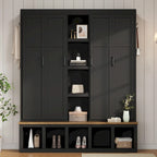 Porte-manteau 4-en-1 avec 4 placards, 6 patères et banc de rangement, blanc / bleu / noir, style rustique