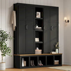 Porte-manteau 4-en-1 avec 4 placards, 6 patères et banc de rangement, blanc / bleu / noir, style rustique