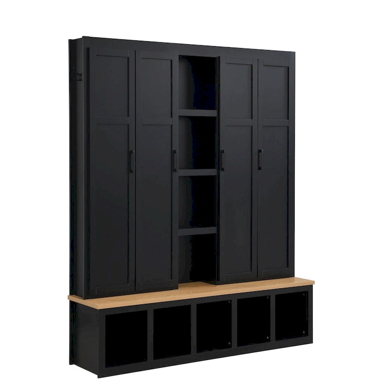 Porte-manteau 4-en-1 avec 4 placards, 6 patères et banc de rangement, blanc / bleu / noir, style rustique