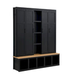 Porte-manteau 4-en-1 avec 4 placards, 6 patères et banc de rangement, blanc / bleu / noir, style rustique