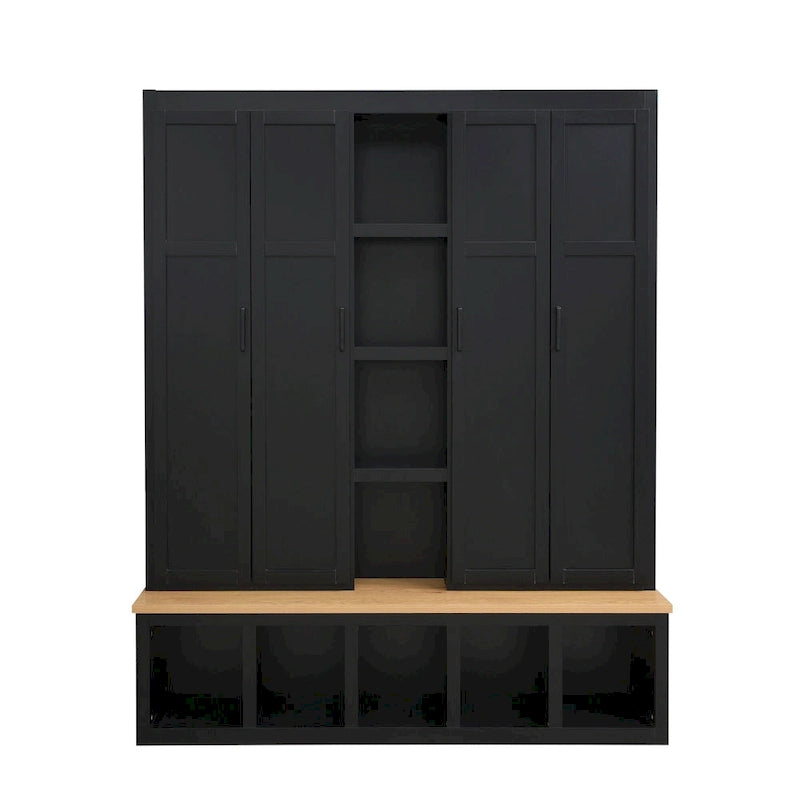 Porte-manteau 4-en-1 avec 4 placards, 6 patères et banc de rangement, blanc / bleu / noir, style rustique