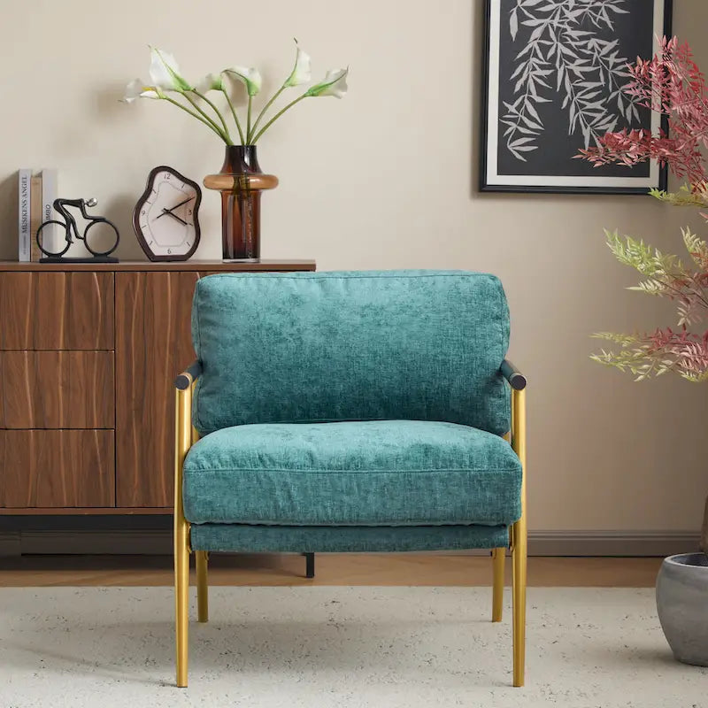Fauteuil d'appoint moderne, doré et bleu sarcelle, cadre en métal avec accoudoirs en bois, 1 place