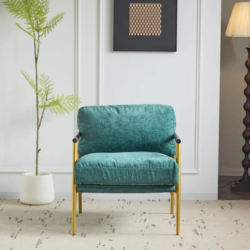 Fauteuil d'appoint moderne, doré et bleu sarcelle, cadre en métal avec accoudoirs en bois, 1 place