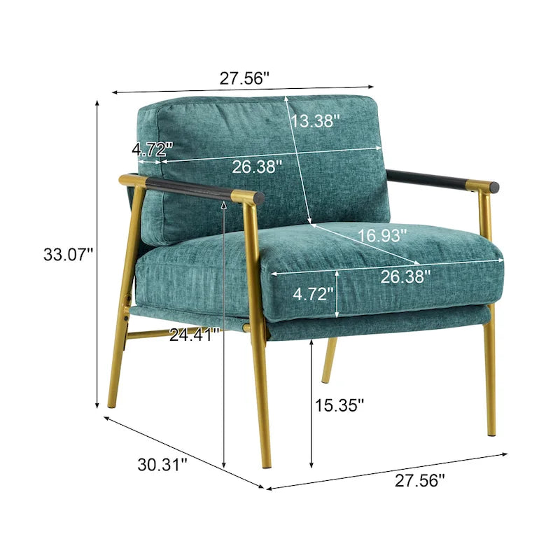 Fauteuil d'appoint moderne, doré et bleu sarcelle, cadre en métal avec accoudoirs en bois, 1 place