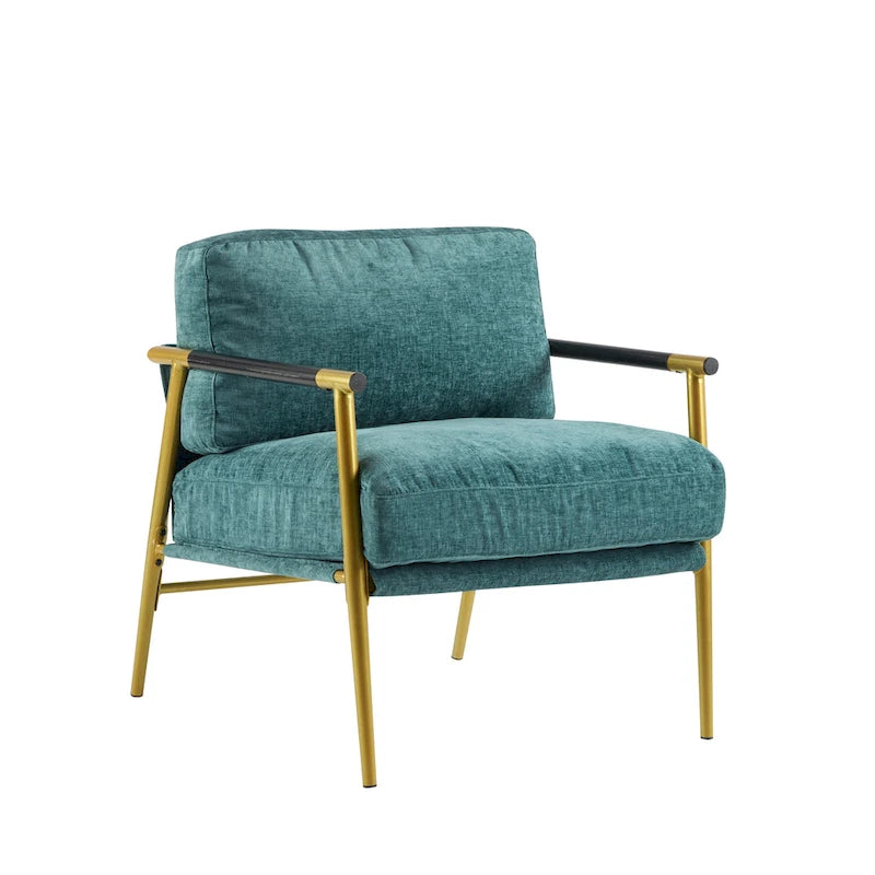 Fauteuil d'appoint moderne, doré et bleu sarcelle, cadre en métal avec accoudoirs en bois, 1 place