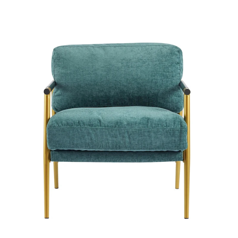 Fauteuil d'appoint moderne, doré et bleu sarcelle, cadre en métal avec accoudoirs en bois, 1 place