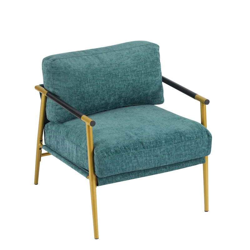 Fauteuil d'appoint moderne, doré et bleu sarcelle, cadre en métal avec accoudoirs en bois, 1 place