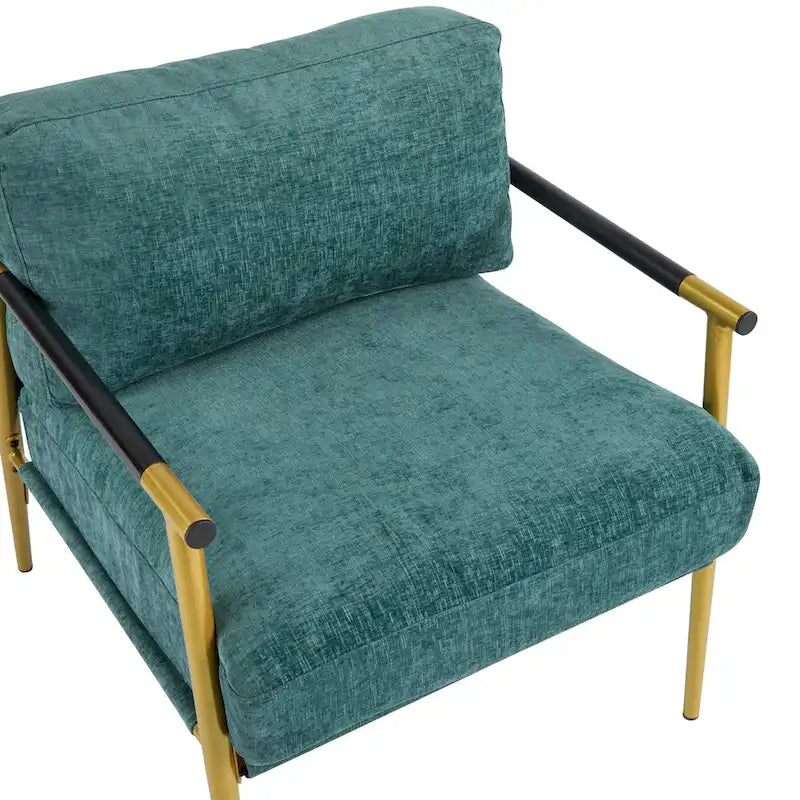 Fauteuil d'appoint moderne, doré et bleu sarcelle, cadre en métal avec accoudoirs en bois, 1 place