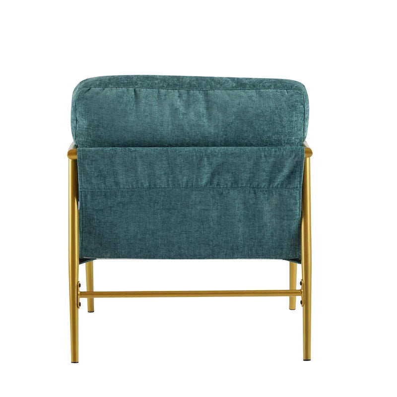 Fauteuil d'appoint moderne, doré et bleu sarcelle, cadre en métal avec accoudoirs en bois, 1 place