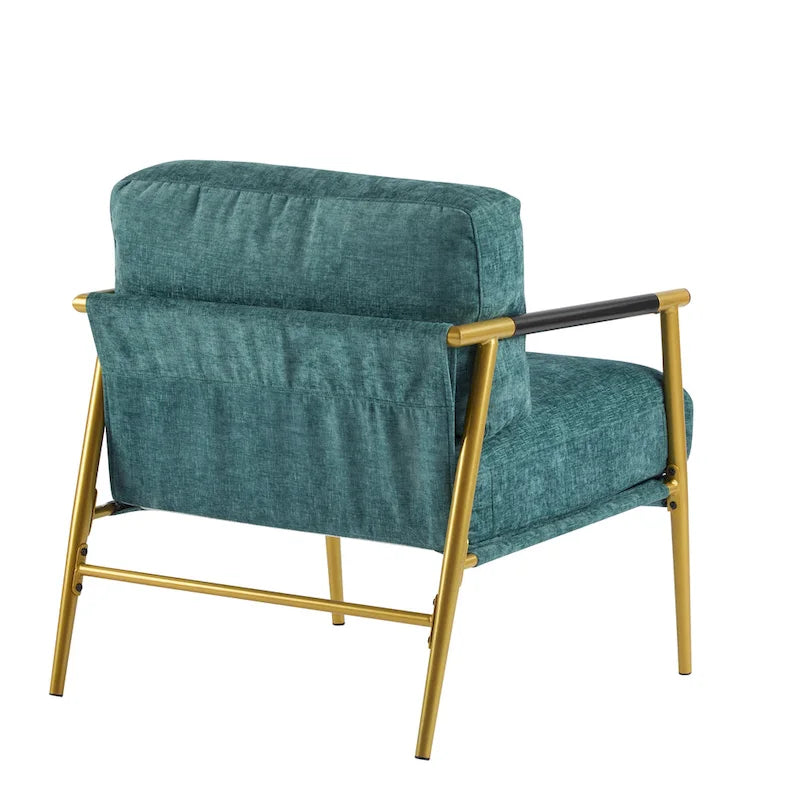 Fauteuil d'appoint moderne, doré et bleu sarcelle, cadre en métal avec accoudoirs en bois, 1 place