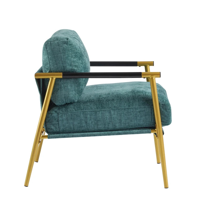 Fauteuil d'appoint moderne, doré et bleu sarcelle, cadre en métal avec accoudoirs en bois, 1 place