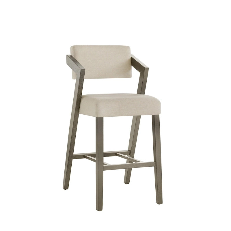 Tabouret de bar/comptoir rembourré en bois d'hévéa avec dossier inclinable et repose-pieds, cuir végétalien anthracite / tissu lin ivoire, style moderne, 1 personne