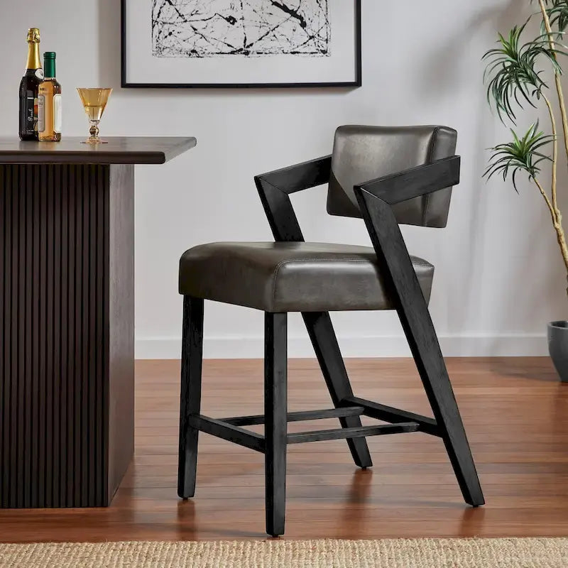 Tabouret de bar/comptoir rembourré en bois d'hévéa avec dossier inclinable et repose-pieds, cuir végétalien anthracite / tissu lin ivoire, style moderne, 1 personne