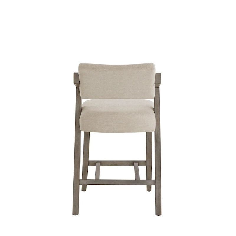 Tabouret de bar/comptoir rembourré en bois d'hévéa avec dossier inclinable et repose-pieds, cuir végétalien anthracite / tissu lin ivoire, style moderne, 1 personne