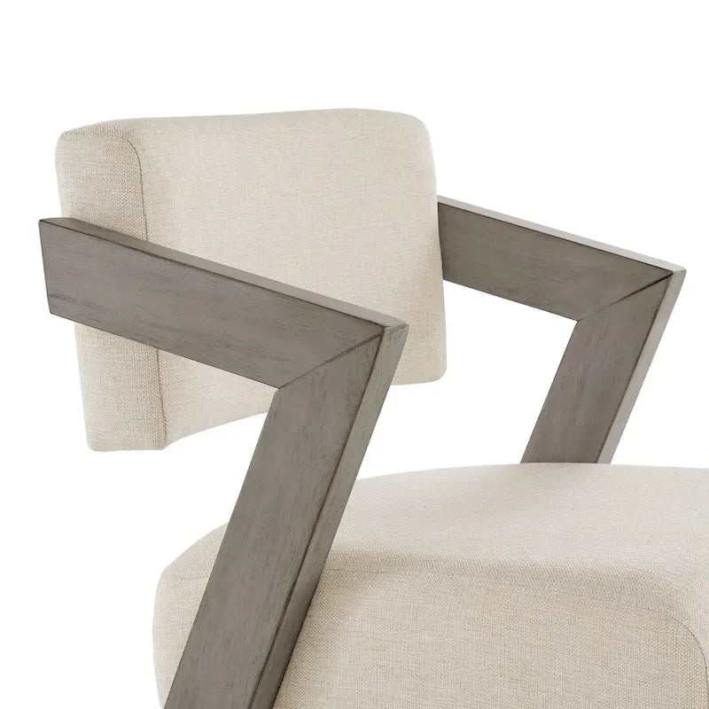 Tabouret de bar/comptoir rembourré en bois d'hévéa avec dossier inclinable et repose-pieds, cuir végétalien anthracite / tissu lin ivoire, style moderne, 1 personne