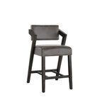 Tabouret de bar/comptoir rembourré en bois d'hévéa avec dossier inclinable et repose-pieds, cuir végétalien anthracite / tissu lin ivoire, style moderne, 1 personne