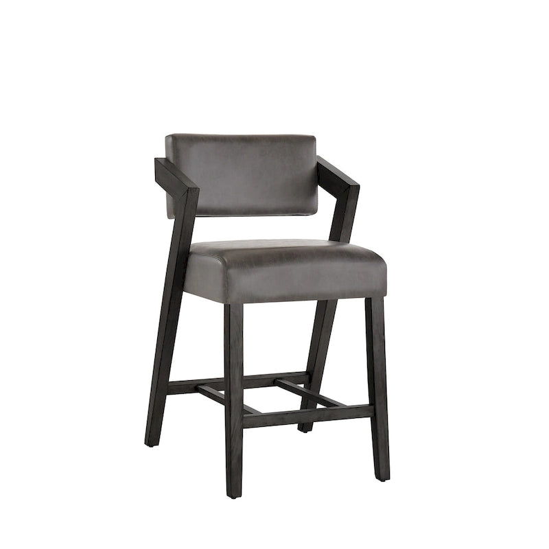 Tabouret de bar/comptoir rembourré en bois d'hévéa avec dossier inclinable et repose-pieds, cuir végétalien anthracite / tissu lin ivoire, style moderne, 1 personne