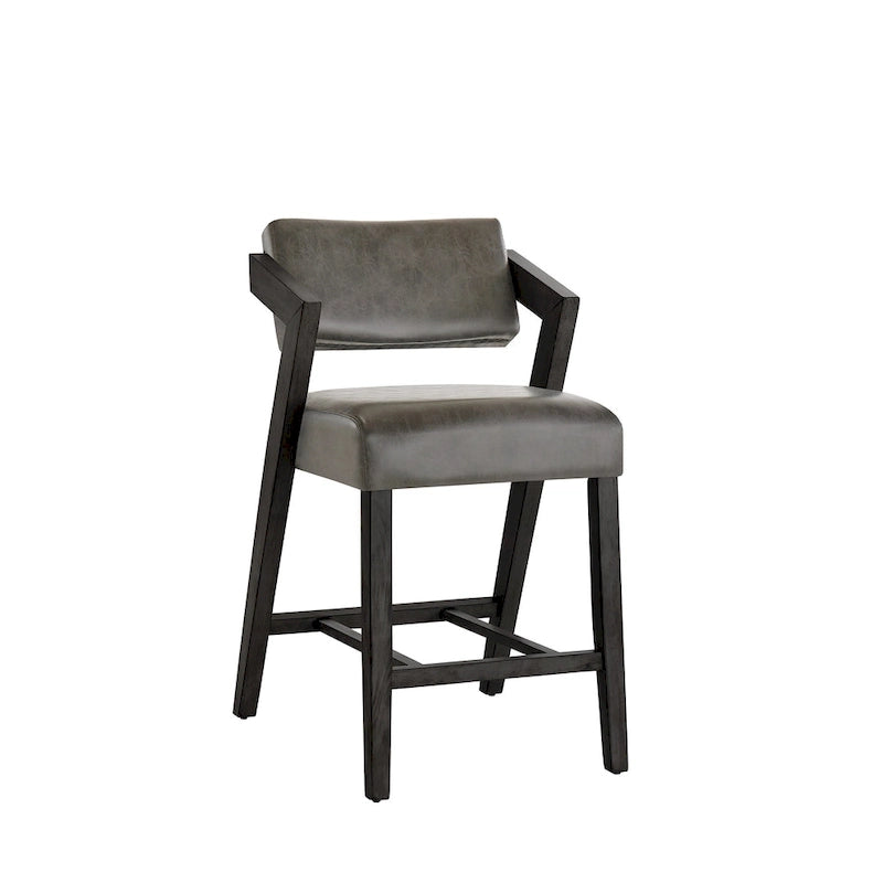 Tabouret de bar/comptoir rembourré en bois d'hévéa avec dossier inclinable et repose-pieds, cuir végétalien anthracite / tissu lin ivoire, style moderne, 1 personne