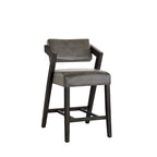 Tabouret de bar/comptoir rembourré en bois d'hévéa avec dossier inclinable et repose-pieds, cuir végétalien anthracite / tissu lin ivoire, style moderne, 1 personne