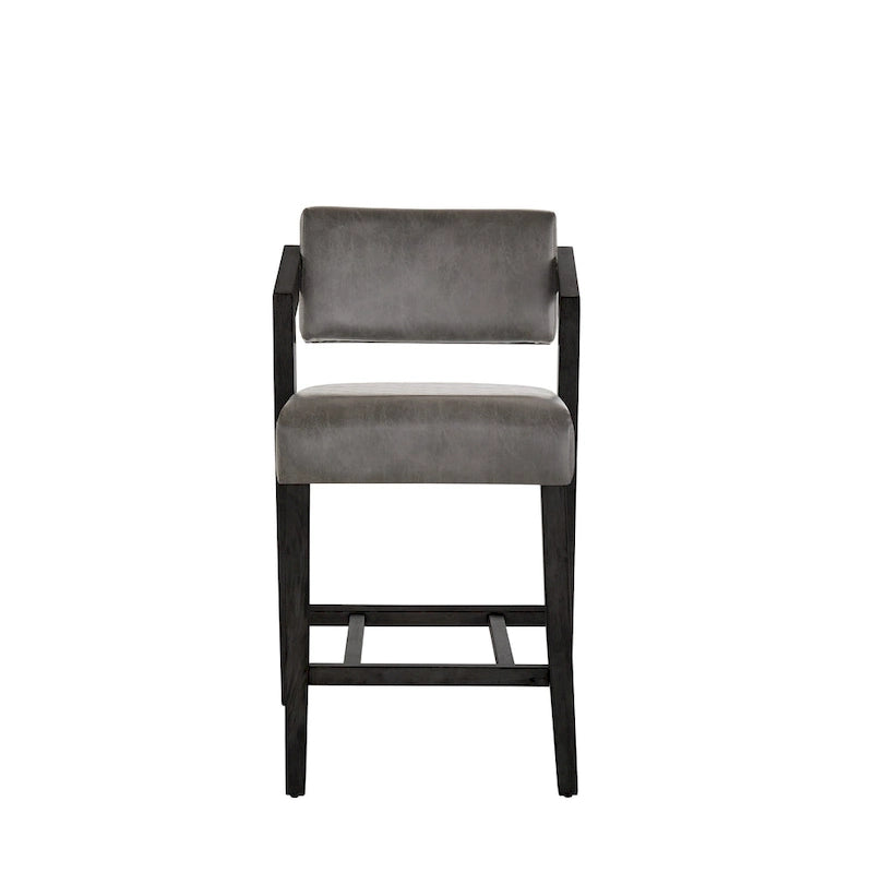 Tabouret de bar/comptoir rembourré en bois d'hévéa avec dossier inclinable et repose-pieds, cuir végétalien anthracite / tissu lin ivoire, style moderne, 1 personne
