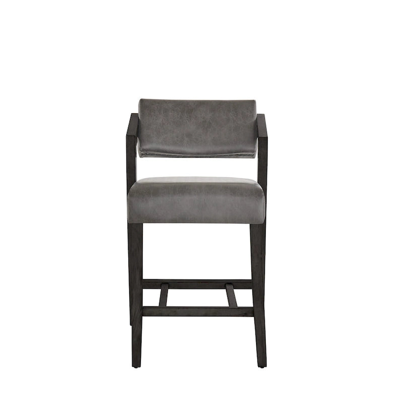 Tabouret de bar/comptoir rembourré en bois d'hévéa avec dossier inclinable et repose-pieds, cuir végétalien anthracite / tissu lin ivoire, style moderne, 1 personne