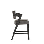 Tabouret de bar/comptoir rembourré en bois d'hévéa avec dossier inclinable et repose-pieds, cuir végétalien anthracite / tissu lin ivoire, style moderne, 1 personne