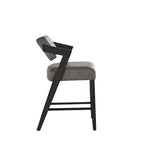 Tabouret de bar/comptoir rembourré en bois d'hévéa avec dossier inclinable et repose-pieds, cuir végétalien anthracite / tissu lin ivoire, style moderne, 1 personne