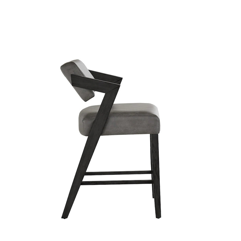 Tabouret de bar/comptoir rembourré en bois d'hévéa avec dossier inclinable et repose-pieds, cuir végétalien anthracite / tissu lin ivoire, style moderne, 1 personne