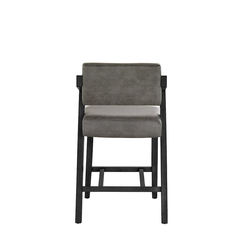 Tabouret de bar/comptoir rembourré en bois d'hévéa avec dossier inclinable et repose-pieds, cuir végétalien anthracite / tissu lin ivoire, style moderne, 1 personne