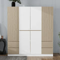 Armoire 6 portes en bois avec tringles de suspension et tiroirs de rangement, Blanc+Naturel / Noir+Naturel, Style moderne