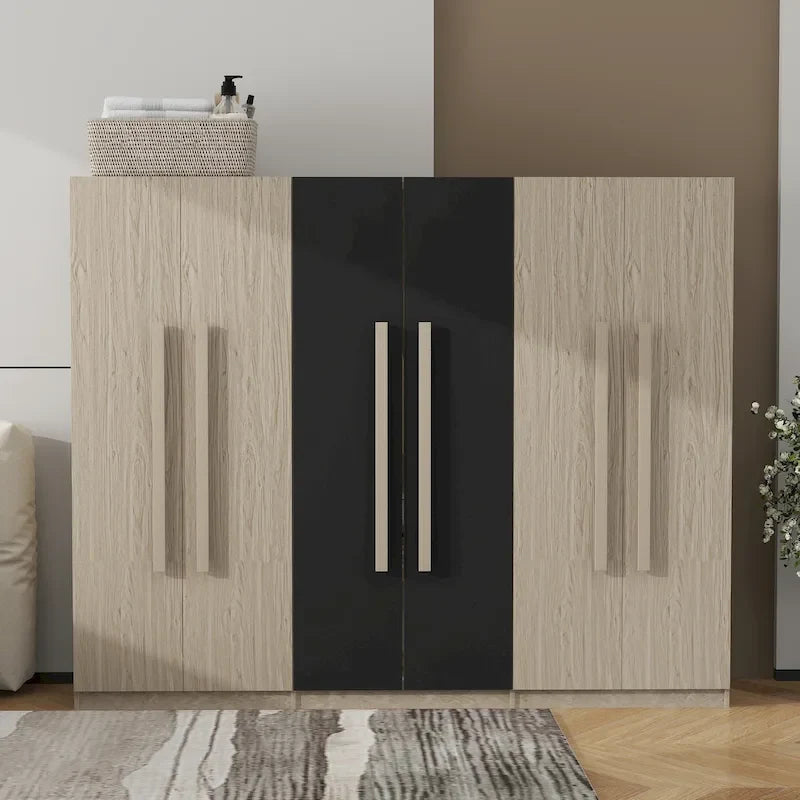 Armoire 6 portes en bois avec tringles de suspension et tiroirs de rangement, Blanc+Naturel / Noir+Naturel, Style moderne
