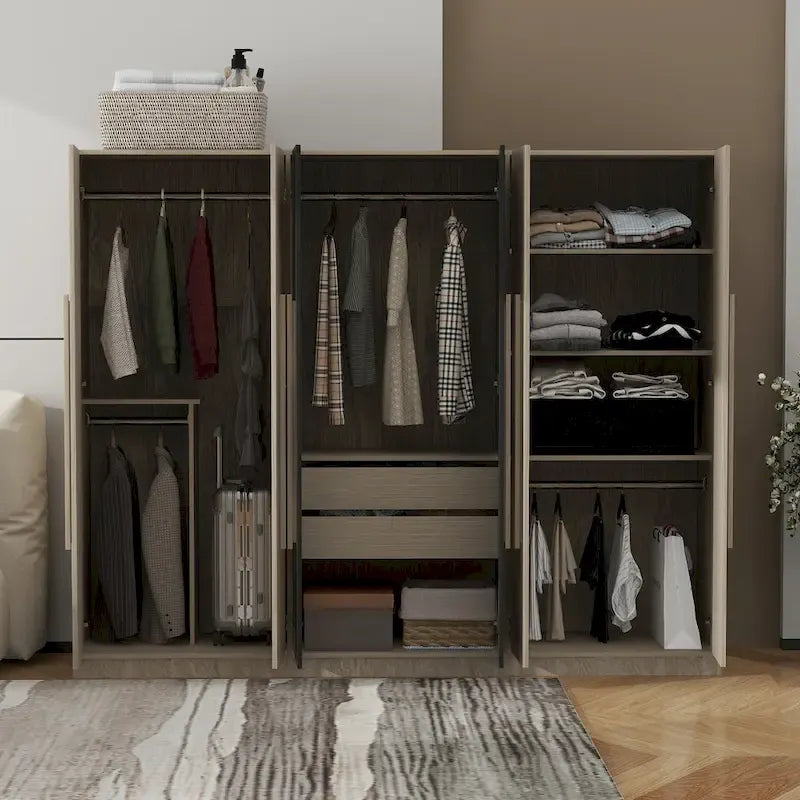 Armoire 6 portes en bois avec tringles de suspension et tiroirs de rangement, Blanc+Naturel / Noir+Naturel, Style moderne