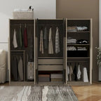 Armoire 6 portes en bois avec tringles de suspension et tiroirs de rangement, Blanc+Naturel / Noir+Naturel, Style moderne