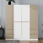 Armoire 6 portes en bois avec tringles de suspension et tiroirs de rangement, Blanc+Naturel / Noir+Naturel, Style moderne
