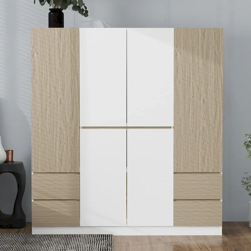 Armoire 6 portes en bois avec tringles de suspension et tiroirs de rangement, Blanc+Naturel / Noir+Naturel, Style moderne
