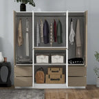 Armoire 6 portes en bois avec tringles de suspension et tiroirs de rangement, Blanc+Naturel / Noir+Naturel, Style moderne