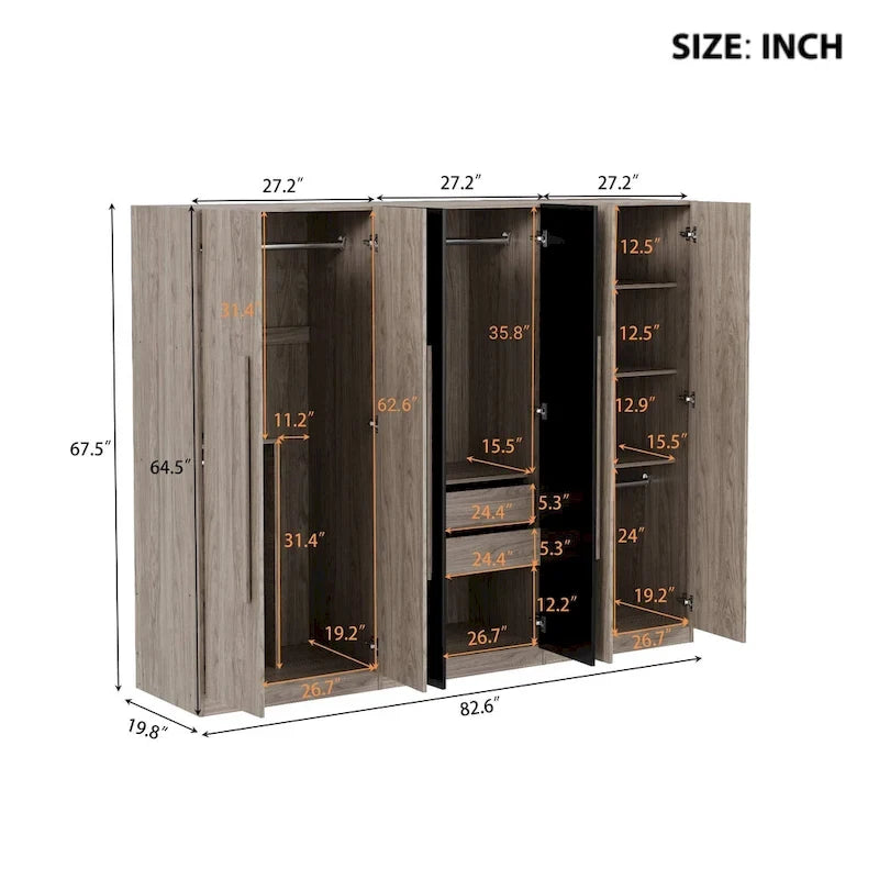Armoire 6 portes en bois avec tringles de suspension et tiroirs de rangement, Blanc+Naturel / Noir+Naturel, Style moderne
