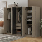 Armoire 6 portes en bois avec tringles de suspension et tiroirs de rangement, Blanc+Naturel / Noir+Naturel, Style moderne