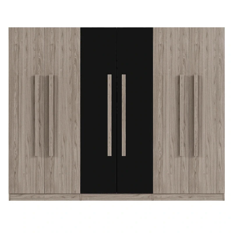 Armoire 6 portes en bois avec tringles de suspension et tiroirs de rangement, Blanc+Naturel / Noir+Naturel, Style moderne