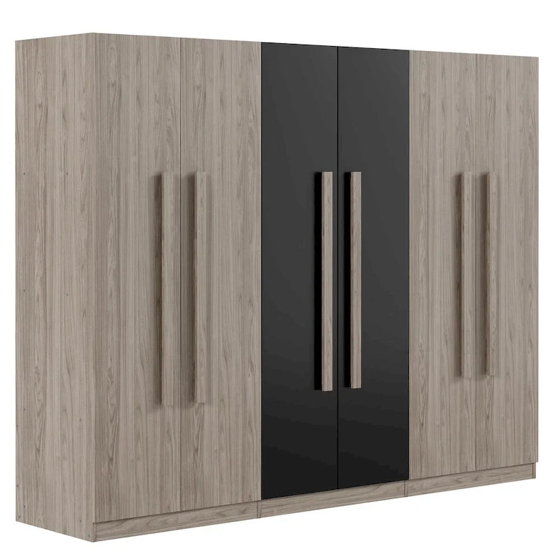 Armoire 6 portes en bois avec tringles de suspension et tiroirs de rangement, Blanc+Naturel / Noir+Naturel, Style moderne