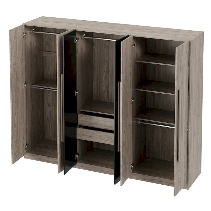 Armoire 6 portes en bois avec tringles de suspension et tiroirs de rangement, Blanc+Naturel / Noir+Naturel, Style moderne