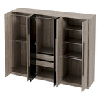 Armoire 6 portes en bois avec tringles de suspension et tiroirs de rangement, Blanc+Naturel / Noir+Naturel, Style moderne