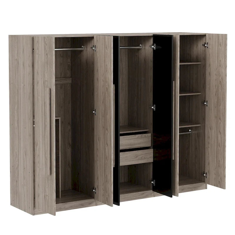 Armoire 6 portes en bois avec tringles de suspension et tiroirs de rangement, Blanc+Naturel / Noir+Naturel, Style moderne
