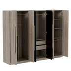 Armoire 6 portes en bois avec tringles de suspension et tiroirs de rangement, Blanc+Naturel / Noir+Naturel, Style moderne