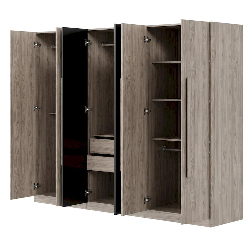 Armoire 6 portes en bois avec tringles de suspension et tiroirs de rangement, Blanc+Naturel / Noir+Naturel, Style moderne