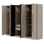 Armoire 6 portes en bois avec tringles de suspension et tiroirs de rangement, Blanc+Naturel / Noir+Naturel, Style moderne