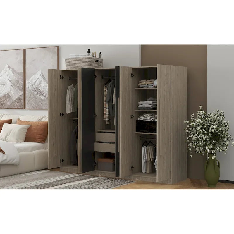 Armoire 6 portes en bois avec tringles de suspension et tiroirs de rangement, Blanc+Naturel / Noir+Naturel, Style moderne