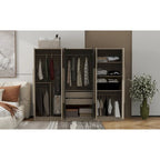 Armoire 6 portes en bois avec tringles de suspension et tiroirs de rangement, Blanc+Naturel / Noir+Naturel, Style moderne